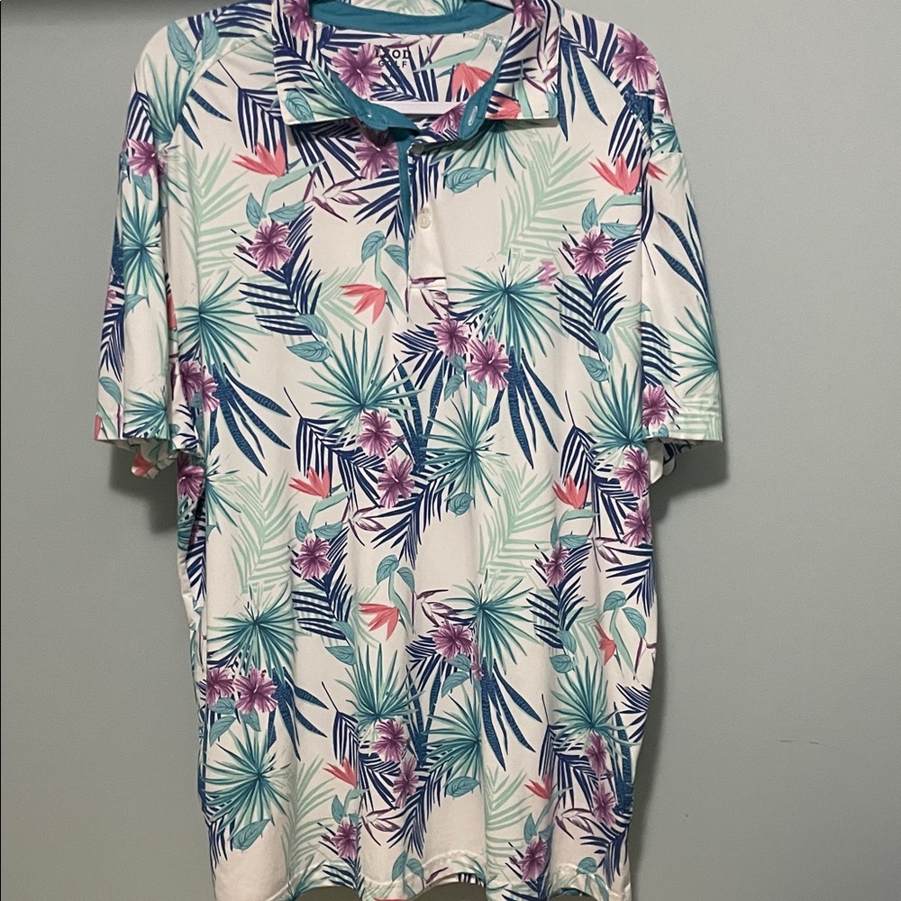 IZOD Golf Men's Tropical Floral Polo Shirt - White with Teal & Purple